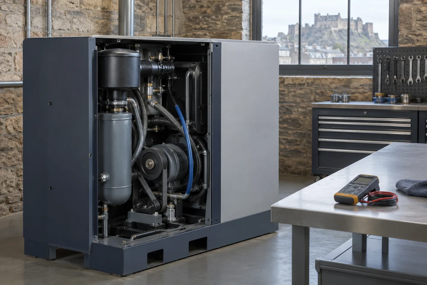 Air compressor equipment for a repairs page